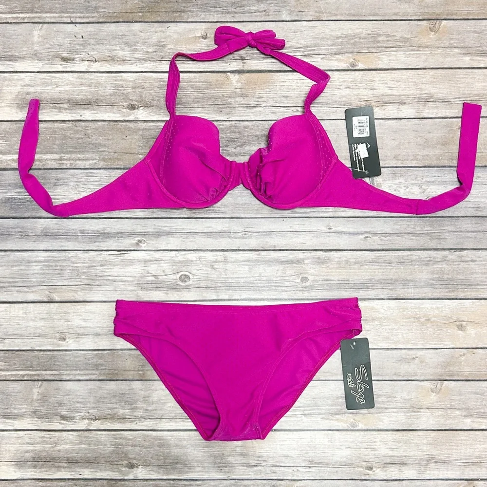 Skye Raspberry Purple Velveteen Polka Dot Push Up Halter Shirred Hipster Bikini